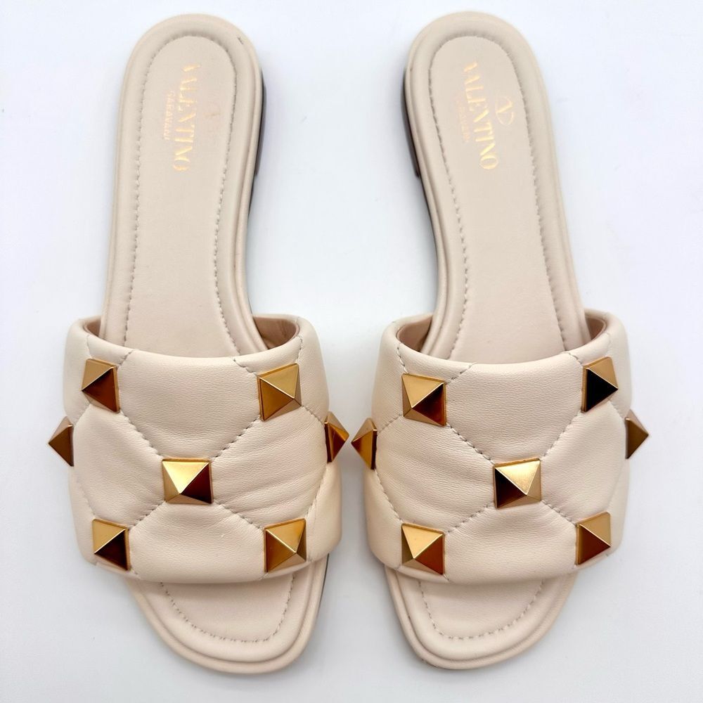 Valentino Garavani Roman Stud Flat Sandals  White Leather Studded Slides EU 38.5 - Picture 2 of 13